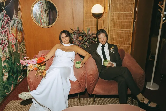 Pink velvet chairs with cocktails