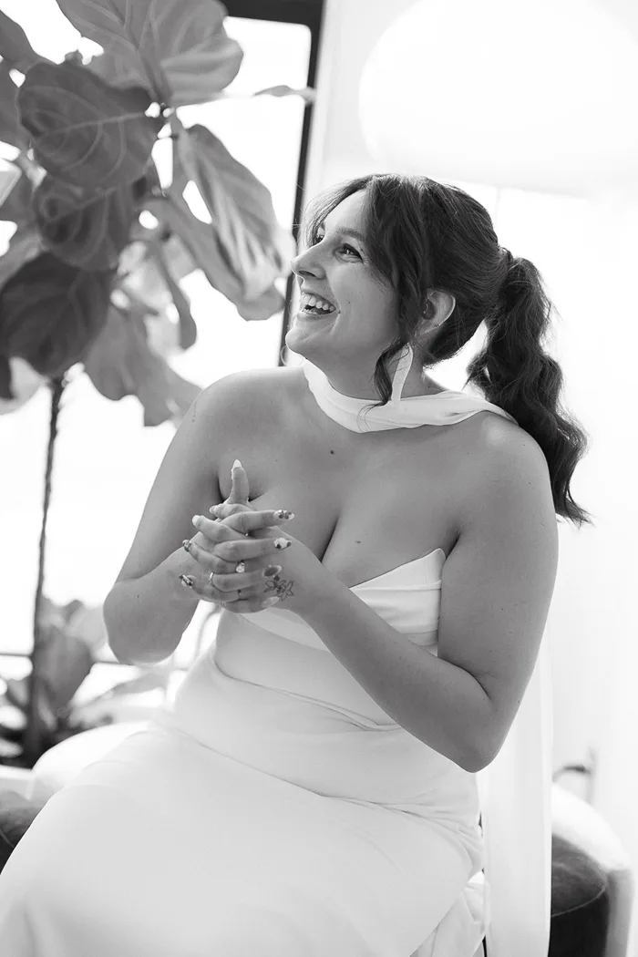 Bride laughing, B&W